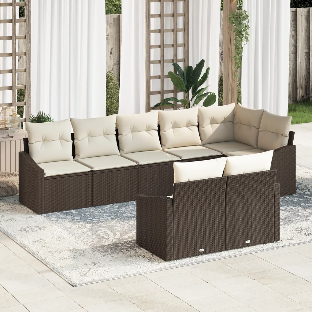 Conjunto de Jantar de Jardim 8 Peças com Almofadas Castanho Polirattan