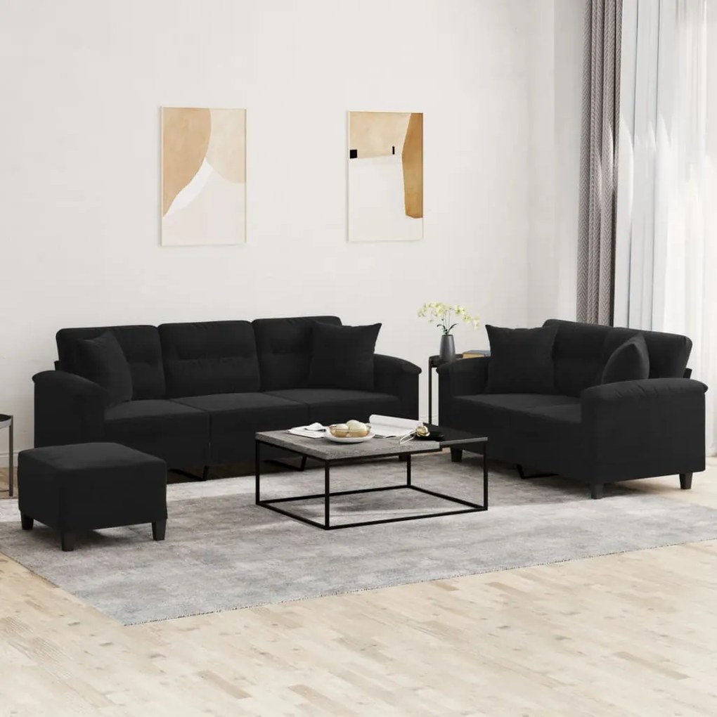 vidaXL 3 pcs conjunto sofás c/ almofadas tecido de microfibra preto