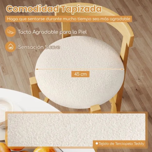 Conjunto de 2 bancos altos de bar estofados em veludo Teddy com encosto e apoio para os pés em madeira Natural+Branco