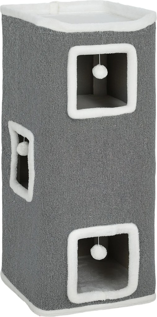 PawHut Barril Arranhador para Gatos com 4 Níveis Ø41x100 cm, Torre com 3 Tocas, Cama Superior e Bolas Suspensas, Cinzento | Aosom Portugal