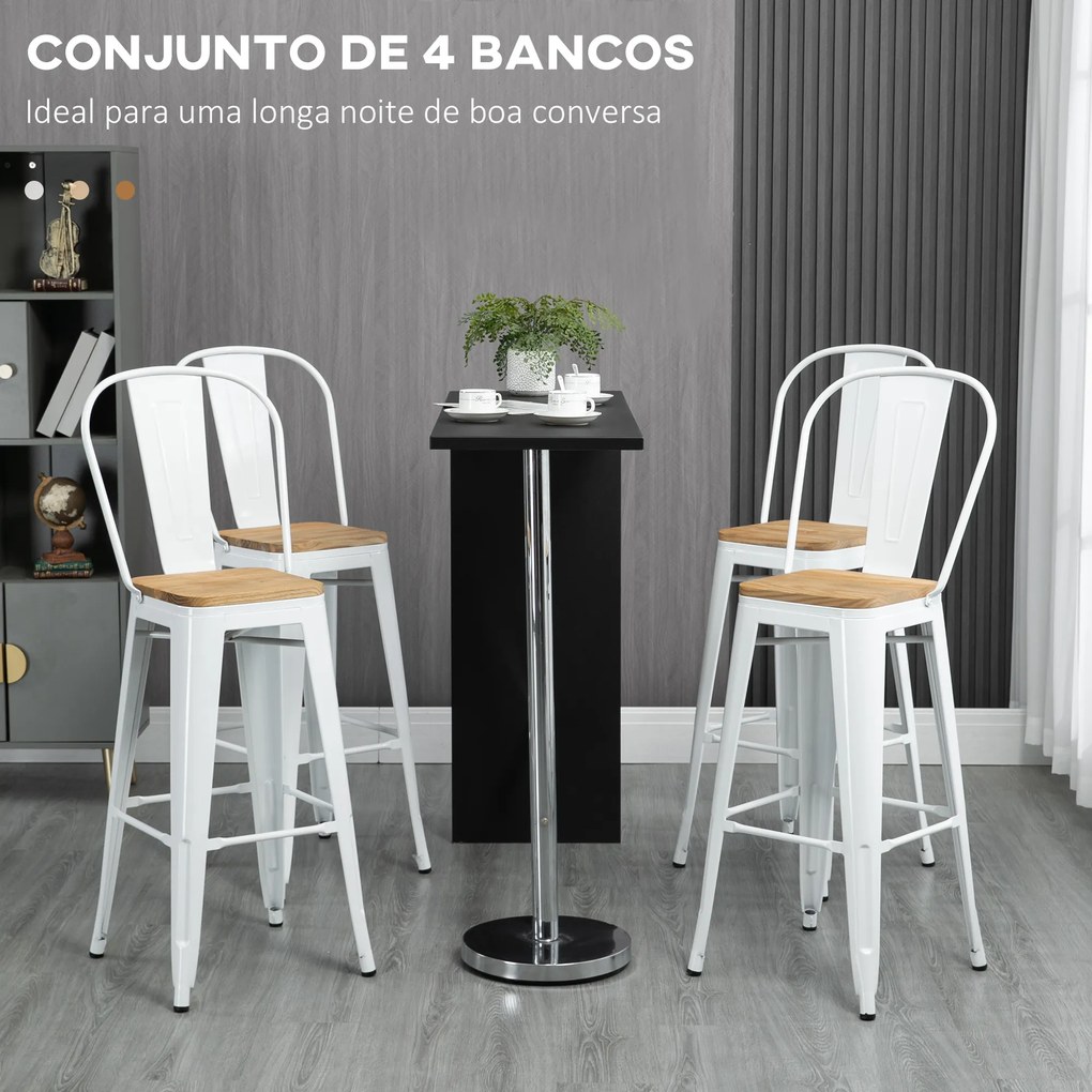 Conjunto de 4 Bancos Altos Empilháveis com Encosto Alto Apoio para os Pés Assento de Madeira 44x53x116 cm Branco