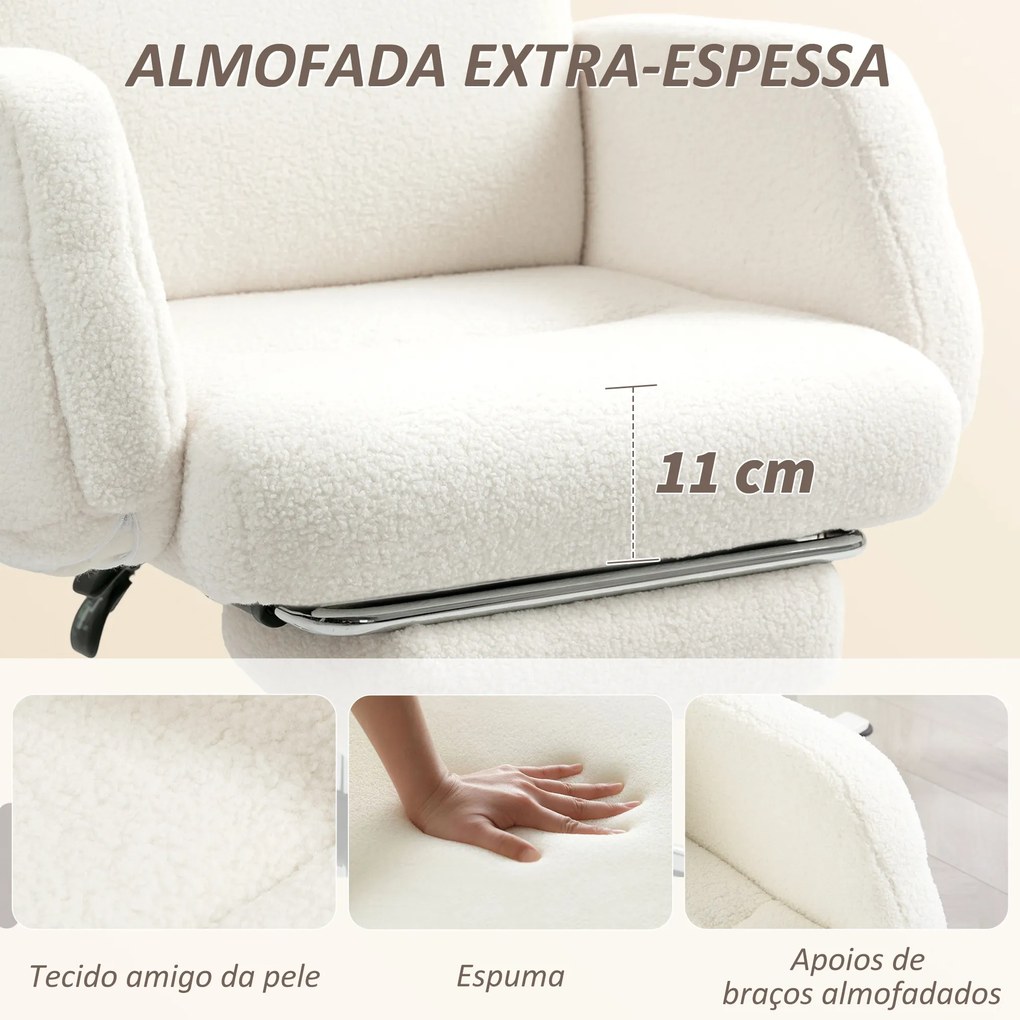 Cadeira de Escritório com Apoio para Pés Estofada em Borreguito e Encosto Reclinável  67x74x107-115 cm Creme