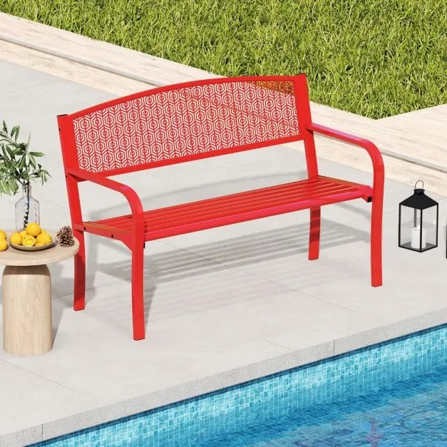 Banco jardim Metal de ripas de 128 cm para 2-3 pessoas com braços curvos e encosto clássico Vermelho
