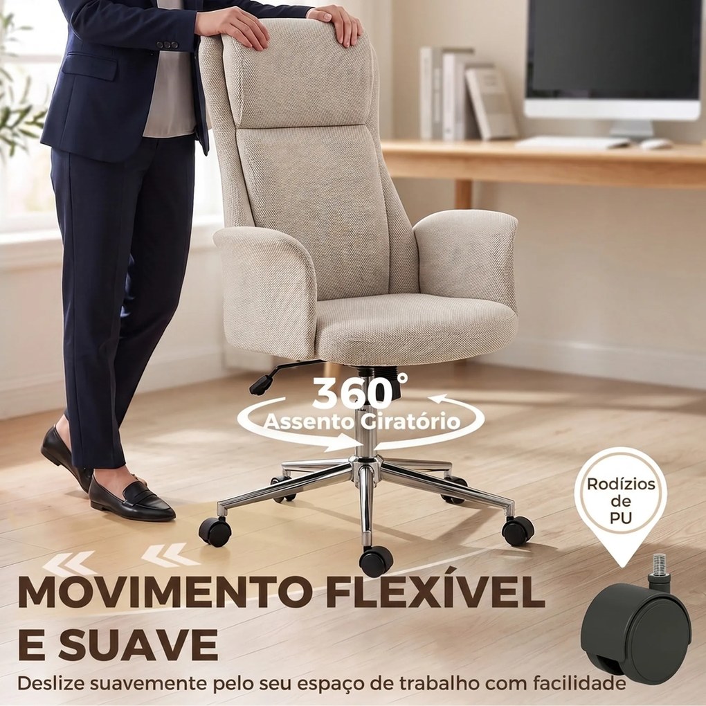 Cadeira de Escritório Giratória com Encosto Alto Função de Balanço Altura Ajustável Apoios de Braços Acolchoados e Rodas Bege