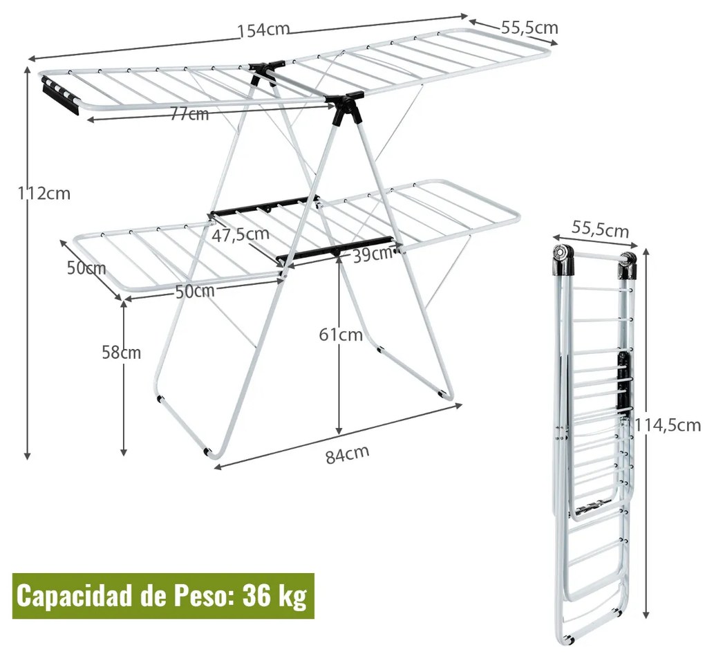 Estendal dobrável para varal de 2 camadas com asas ajustáveis ​​Estrutura de aço Estendal para roupas/sapatos/cobertores 154 x55,5 x112 cm Branco