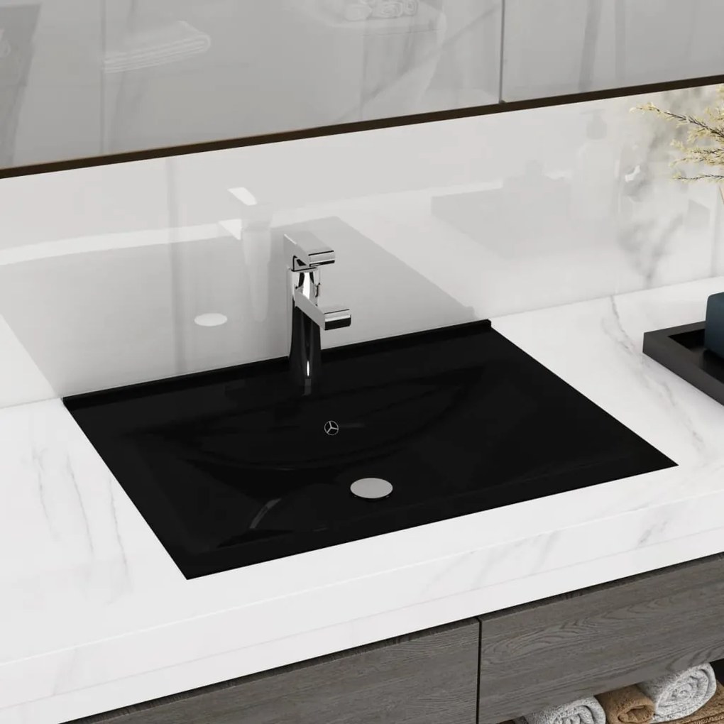 147030 vidaXL Lavatório c/ orifício de torneira 60x46 cm cerâmica preto mate