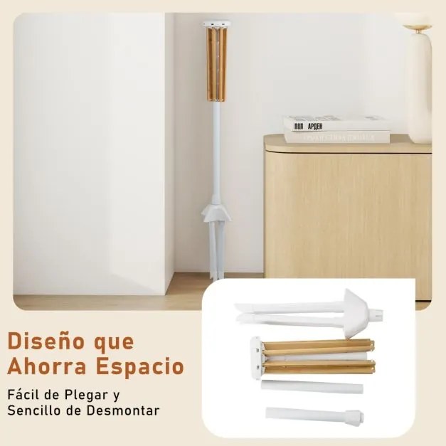 Estendal de roupa com 4 pés dobrável com 8 barras de bambu 40 ranhuras para cabides e estrutura metálica resistente Natural