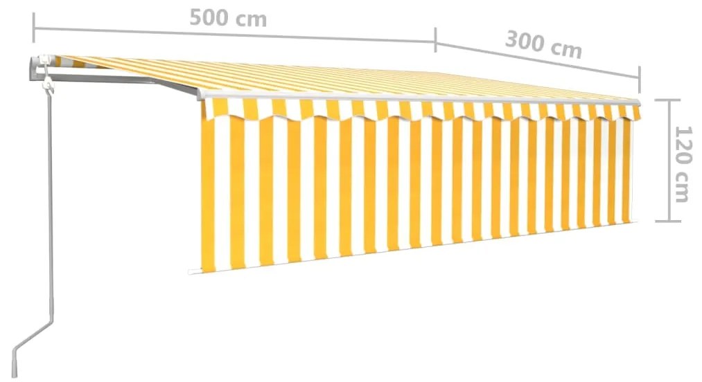 Toldo autom. c/ estore/LED/sensor de vento 5x3 m amarelo/branco