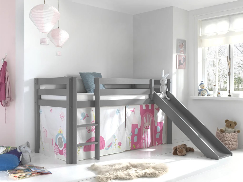 Conjunto Cama alta de Criança PINO 90 x 200 cm + estrado + escada + escorrega + cortina  Astronauta Cinzenta