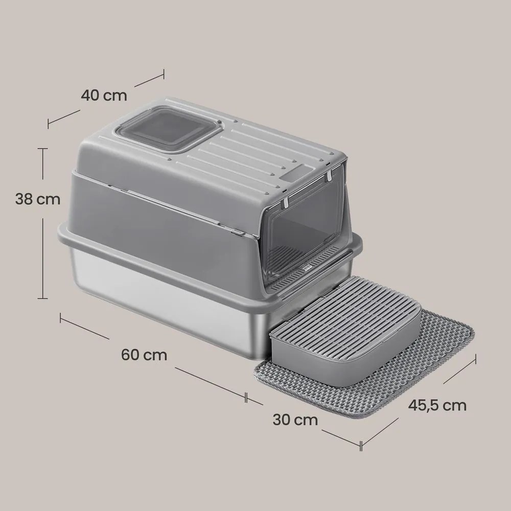 Caixa de areia para gatos em aço inoxidável 60 x 40 x 38 cm, com tampa e pá Cinzento