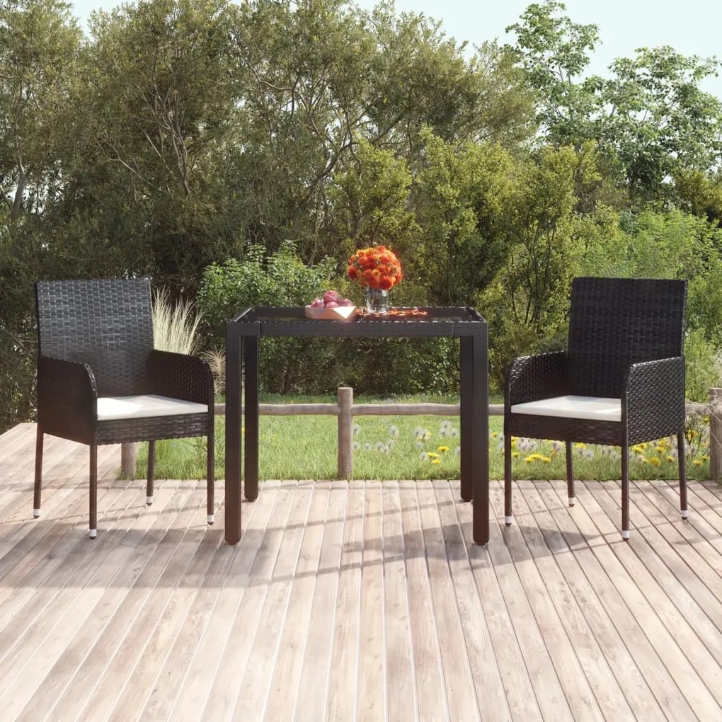 vidaXL Mesa de jardim com tampo de vidro 90x90x75 cm vime PE preto