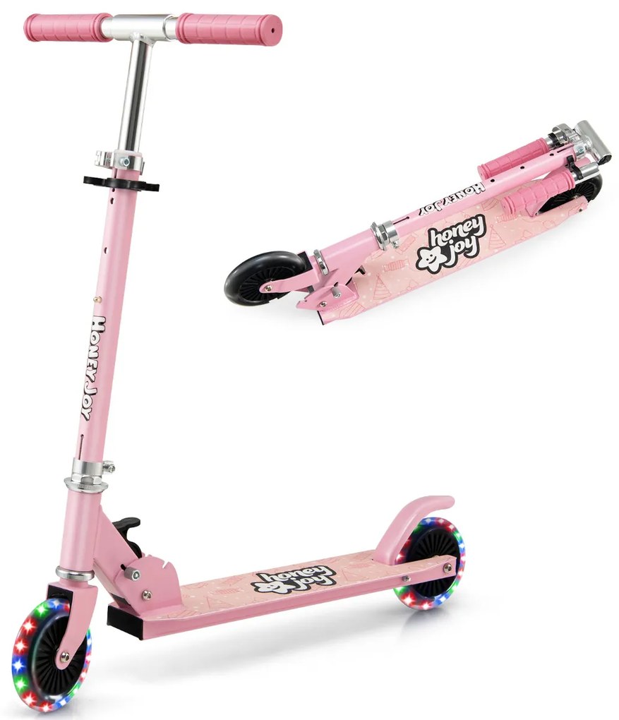 Trotinete dobrável para crianças com 2 rodas intermitentes Guiador ajustável Sistema de travão traseiro Rosa