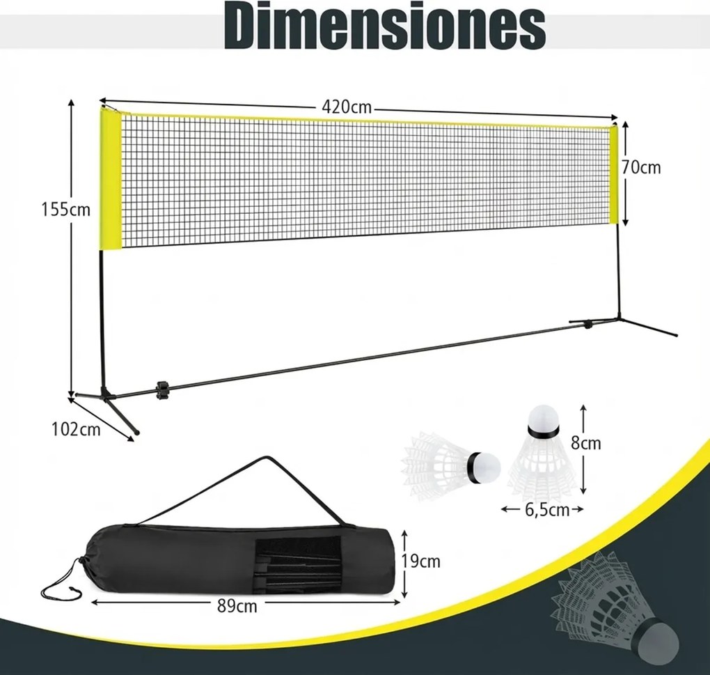Rede de Badminton 420 cm Portátil Ajustável em Altura com Postes, Bolsa de Transporte e 2 Penas para Interior e Exterior Amarela