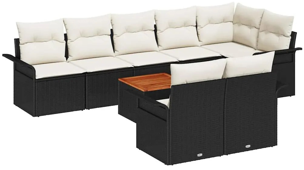 Sofá de Jardim 9 Peças com Almofadas Pretas de Poli Rattan e Acácia