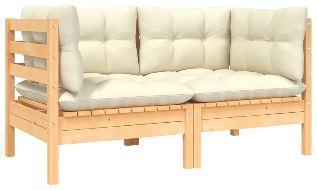 vidaXL Sofá de jardim 2 lugares com almofadões cor creme pinho maciço