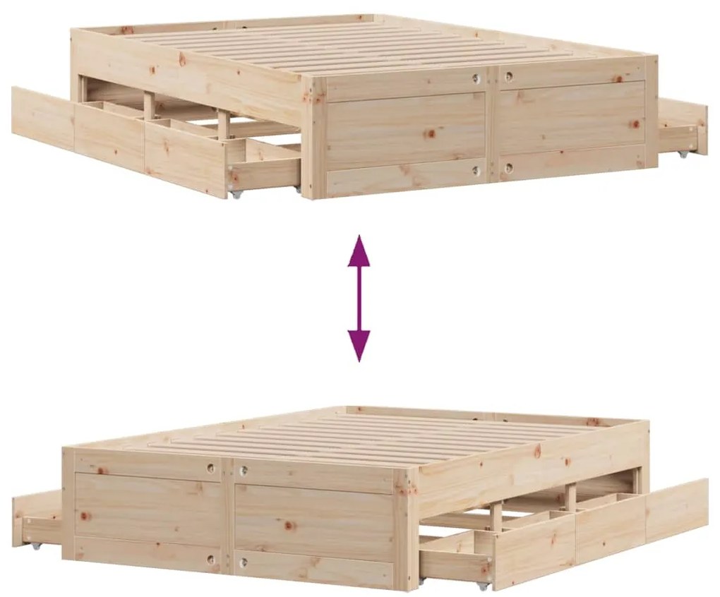 Cama sem colchão com gavetas 160x200 cm madeira de pinho maciça