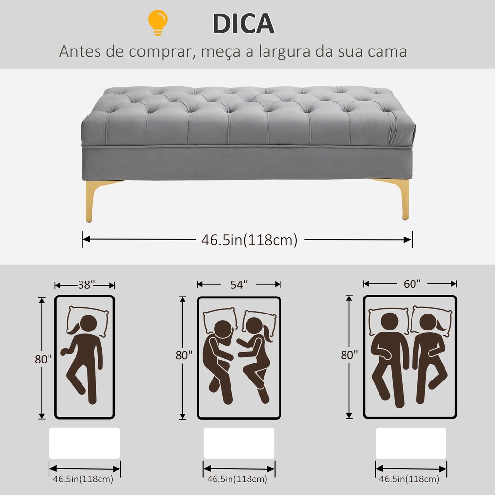 Banco de Pé de Cama com Assento Acolchoado e Pés Metálicos Banco de Qu