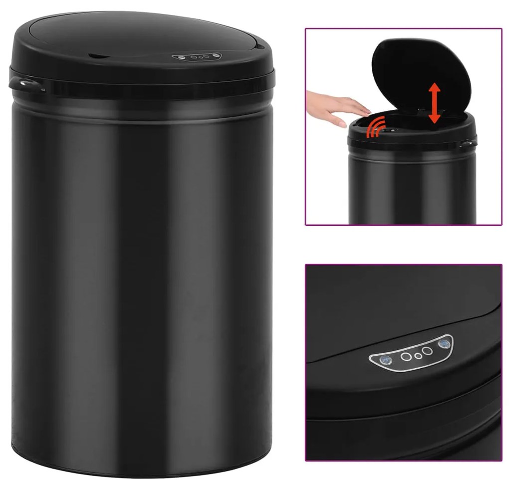 322698 vidaXL Caixote do lixo com sensor automático 30 L aço carbono preto