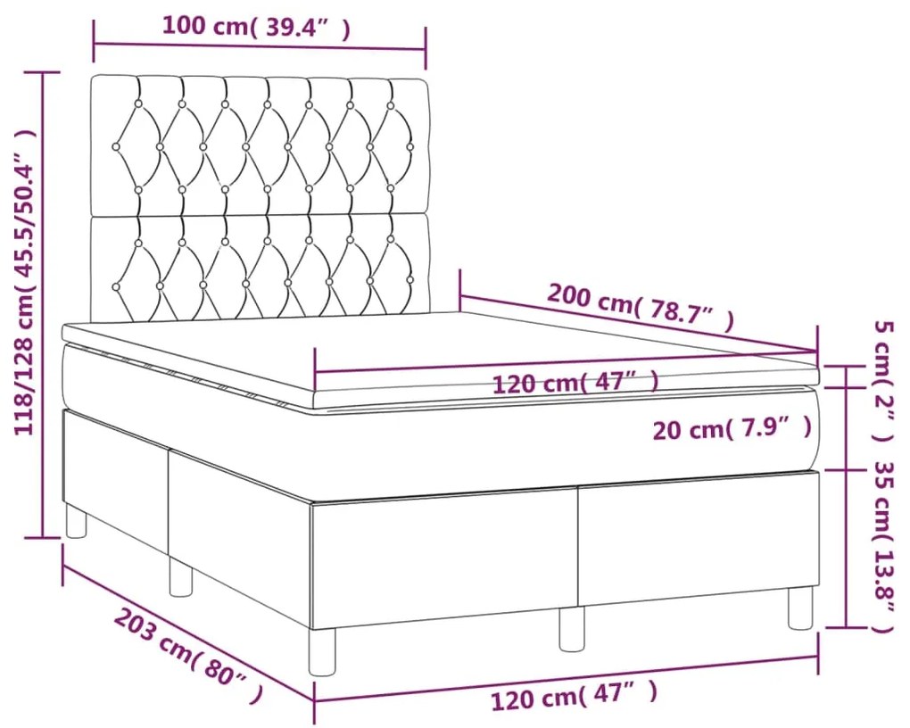 Cama boxspring c/ colchão 120x200 cm veludo cinzento-claro