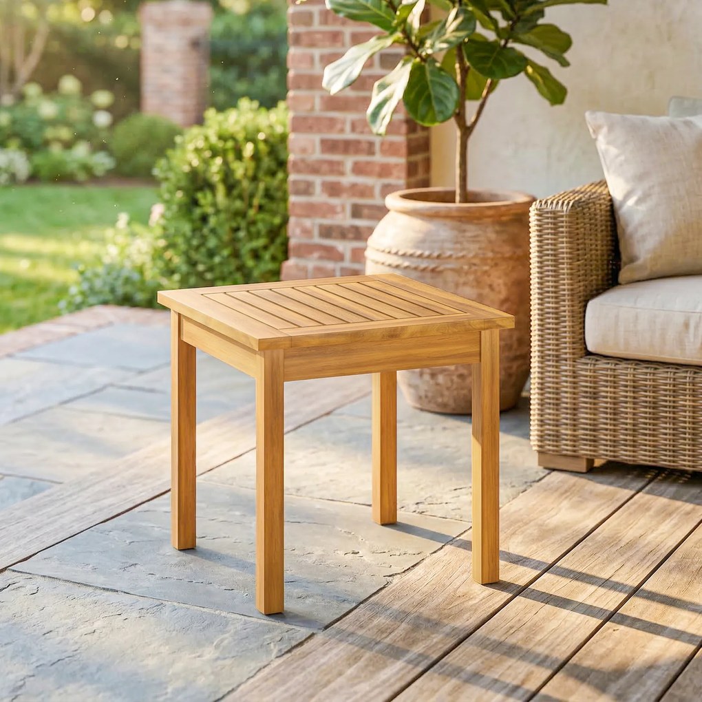Mesa de jardim quadrada 48 x 48 x 46 cm em madeira maciça de acácia, com tampo de ripas, pés ajustáveis natural