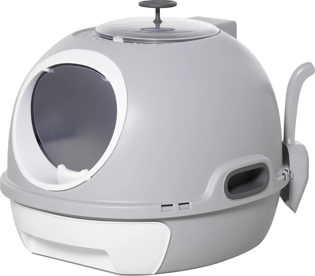 PawHut Caixa Areia Gatos Coberta Fechada Bandeja Amovível Pá Prática 47x55x44 cm Cinza Confortável e Funcional | Aosom Portugal