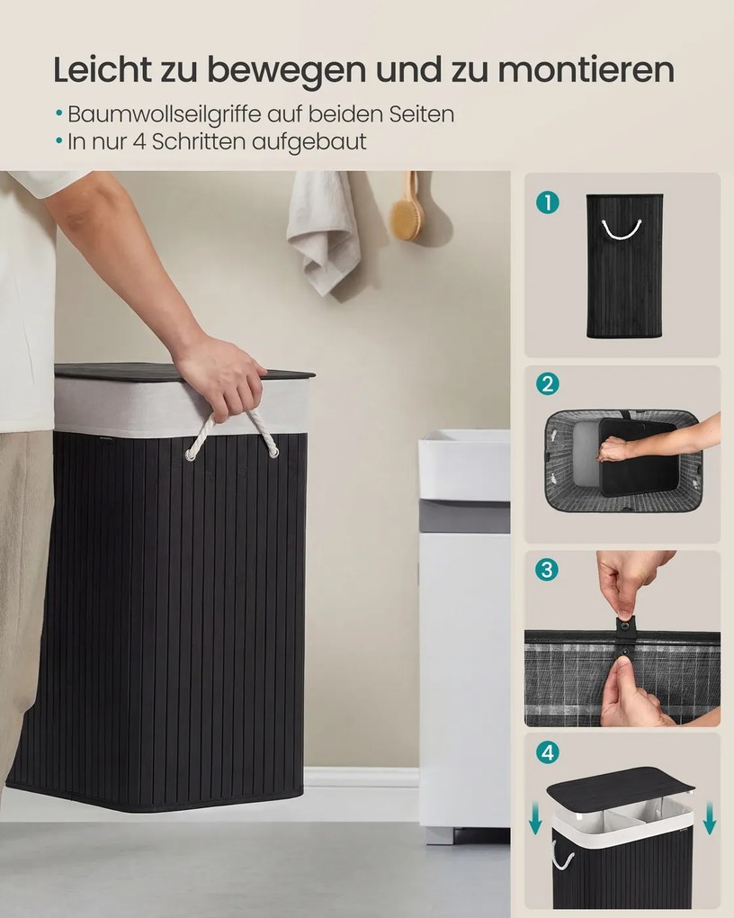 Cesto da roupa suja com 2 compartimentos, 100 L, com tampa, saco de bambu preto