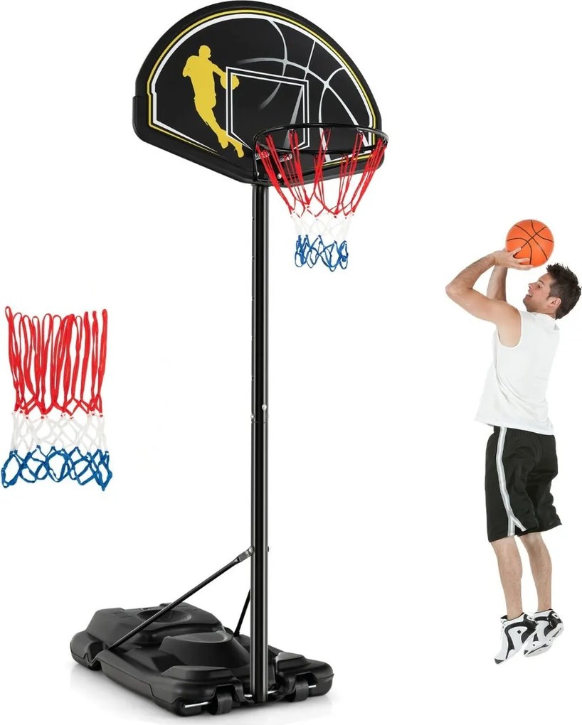 Cesto de basquetebol exterior com altura ajustável em 12 níveis, portátil e móvel com rodas, 2 redes e base recarregável, 130-305 cm, preto