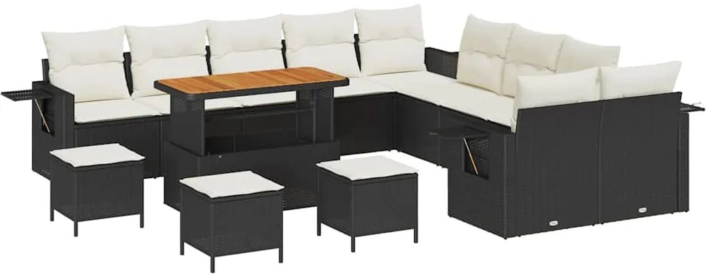 Conjunto de sofá de jardim com 14 peças, almofadas em rattan preto, po