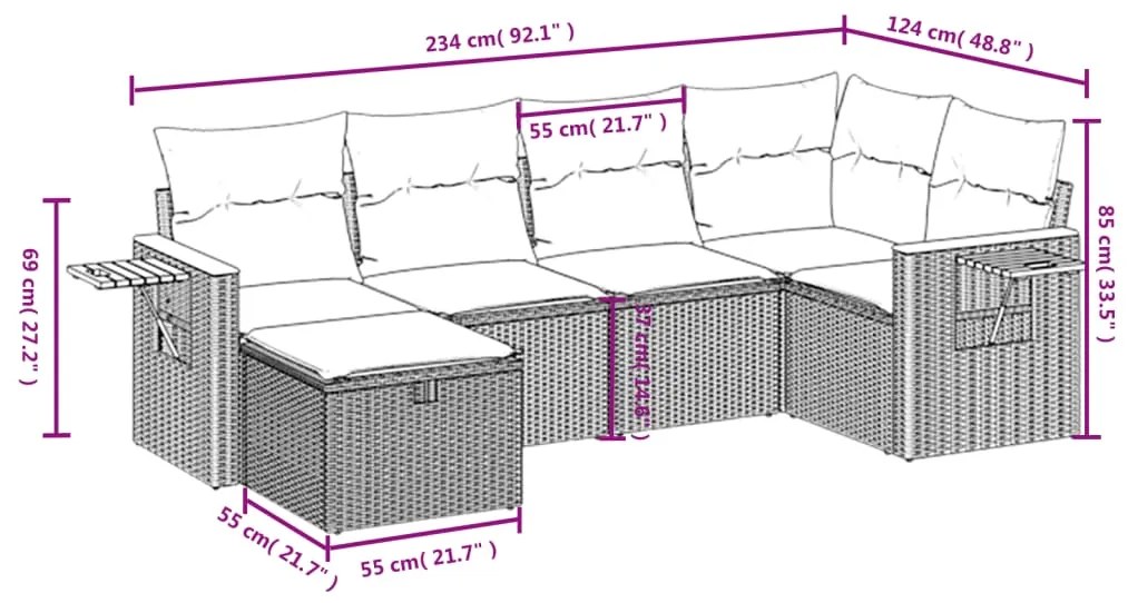 6 pcs conjunto de sofás p/ jardim com almofadões vime PE bege