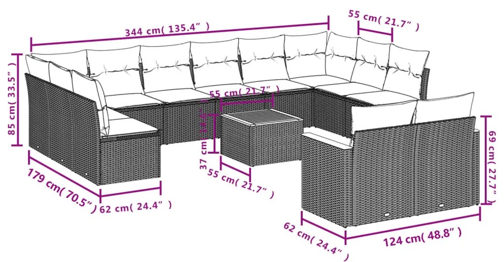 13 pcs conjunto de sofás de jardim com almofadões vime PE preto