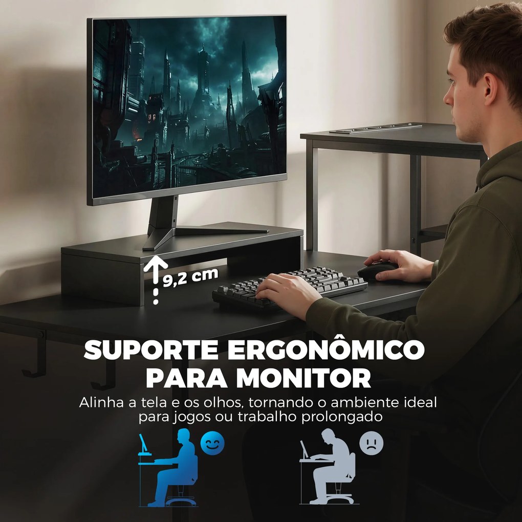 Mesa Gaming Dupla de 244 cm com Estação de Carga Portos USB Suportes para Monitor Gavetas de Tecido Preto