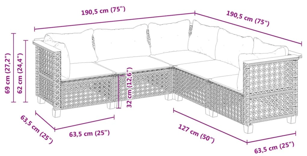 5 pcs conjunto sofás de jardim c/ almofadões vime PE cinzento