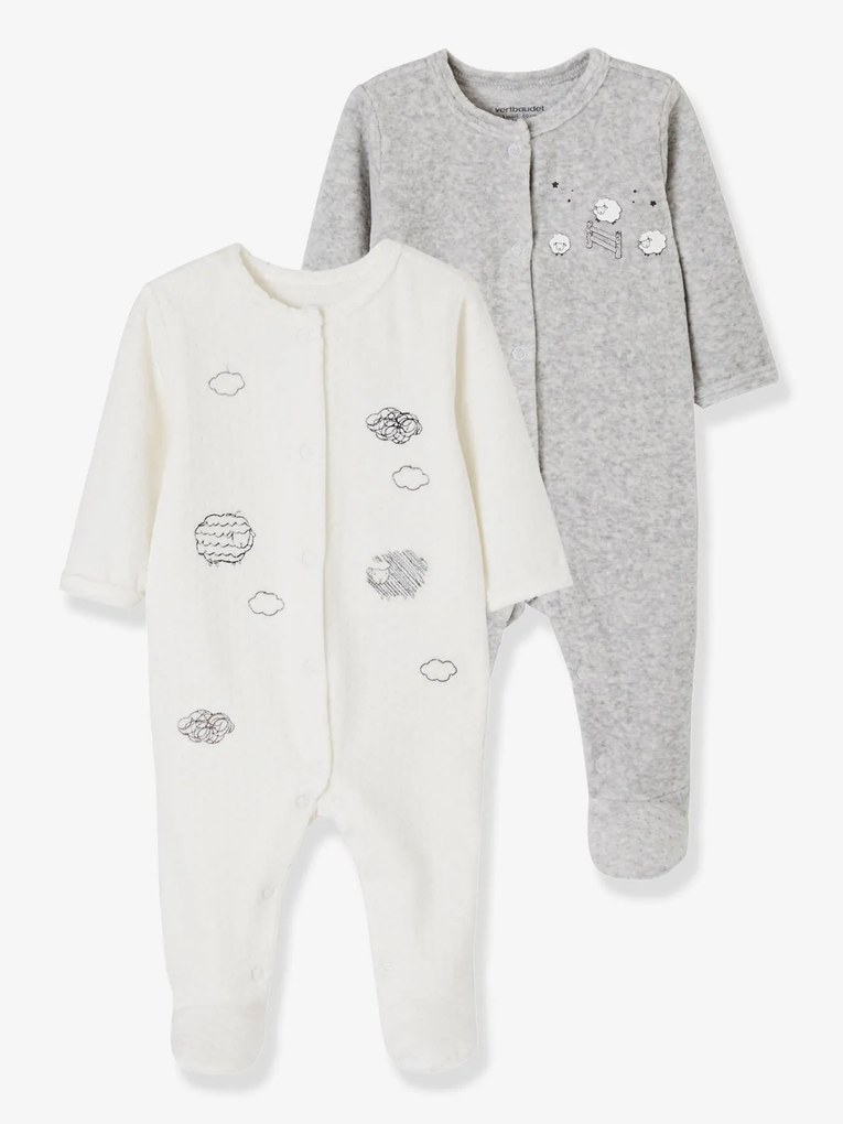 Lote de 2 pijamas em veludo com abertura à frente, para bebé branco claro bicolor/multicolo