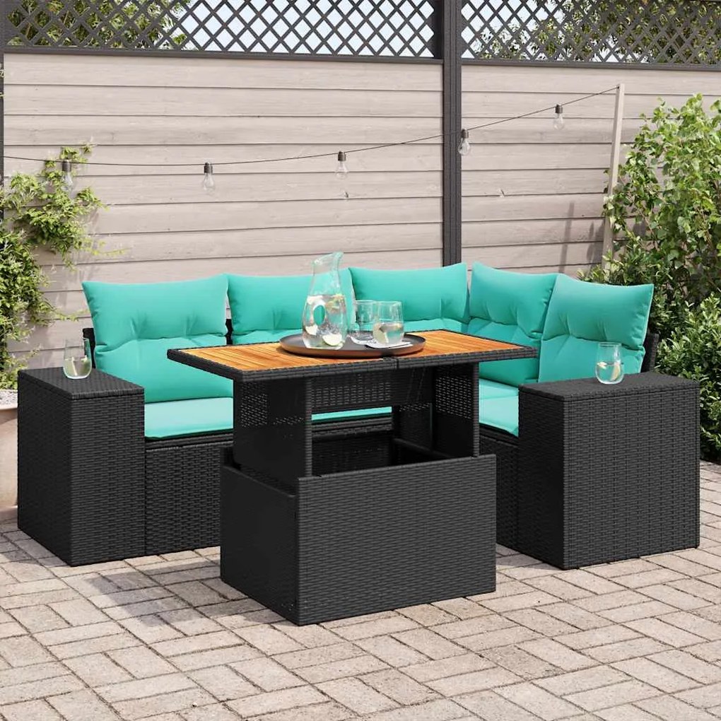 vidaXL 5 pcs conjunto sofás de jardim com almofadões vime PE preto