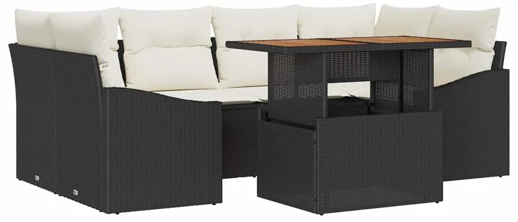 Conjunto de Jantar de Jardim de 7 Peças com Almofadas Rattan Preto e A