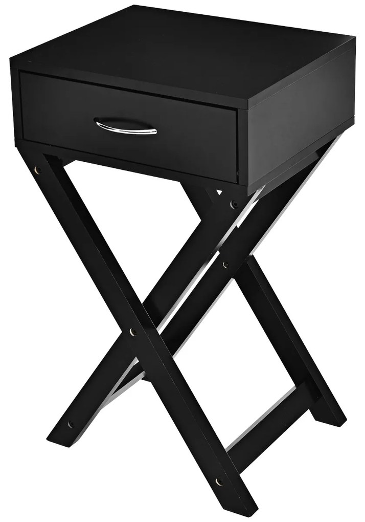 Mesa lateral de madeira em forma de X com uma gaveta e cabo metálico para sala de estar ou quarto de casa ou escritório 40 x 33 x 65,5 cm Preto