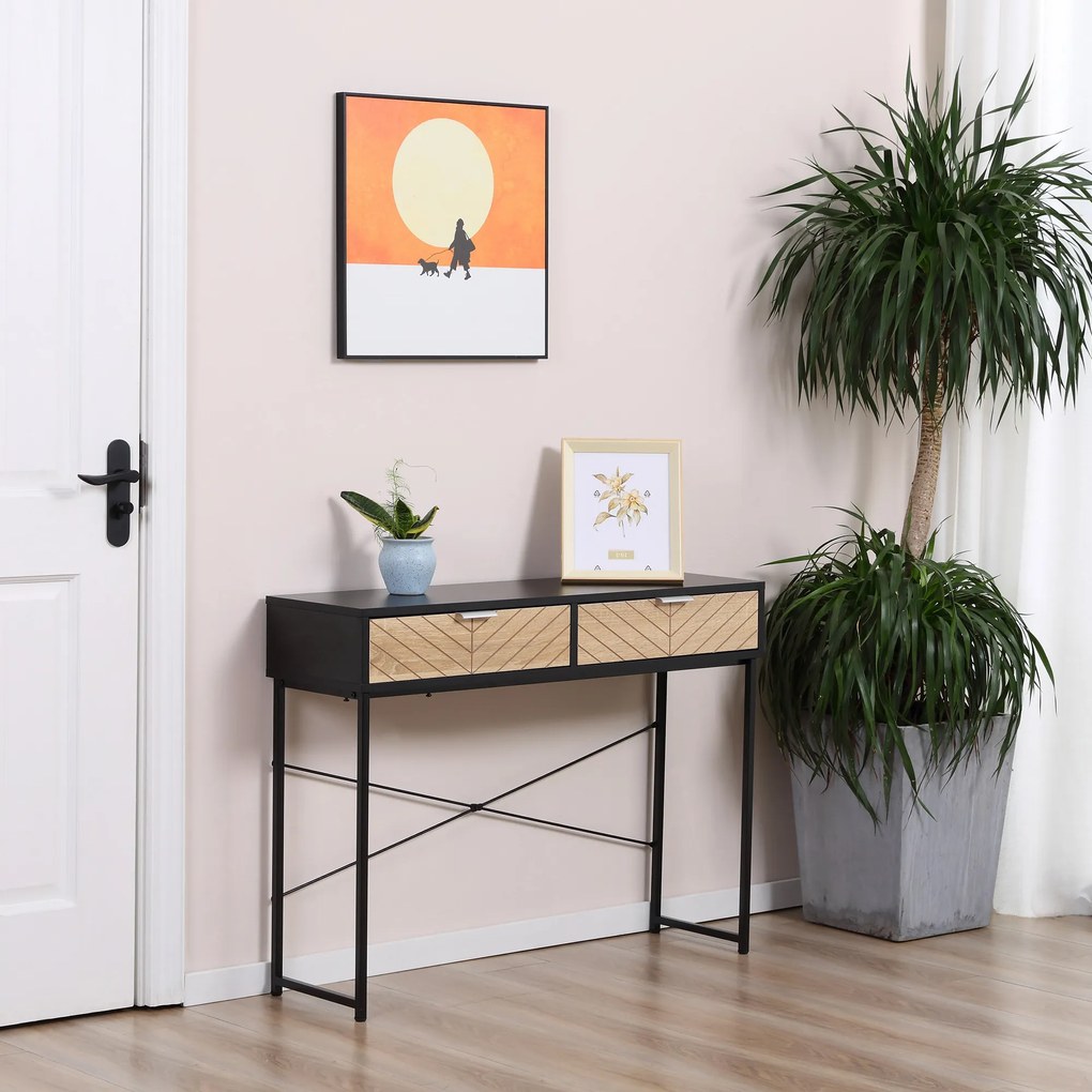 Mesa Consola 100x30x75 cm Mesa de Entrada Moderna com 2 Gavetas de Armazenamento Preto e Madeira