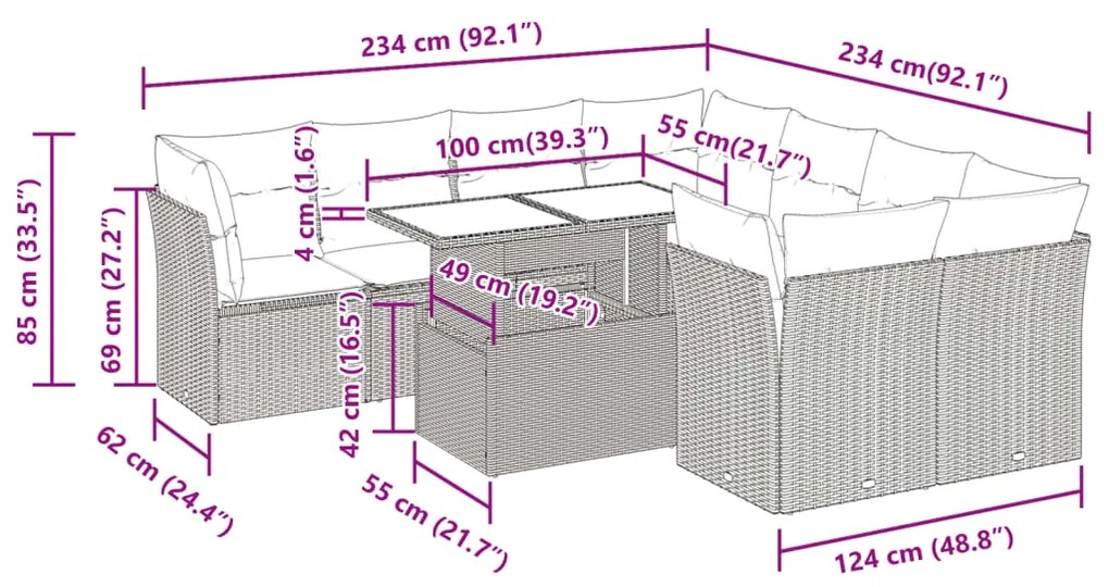 9 pcs conjunto de sofás p/ jardim com almofadões vime PE bege