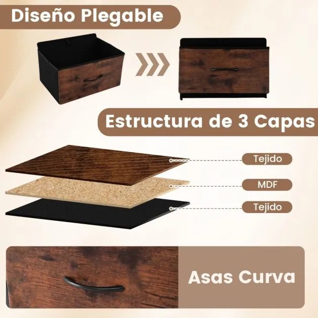Cómoda com 4 gavetas em tecido com tampa de madeira 45 x 30 x 95 cm Puxadores fáceis de abrir e estrutura metálica Castanho Rústico + Preto