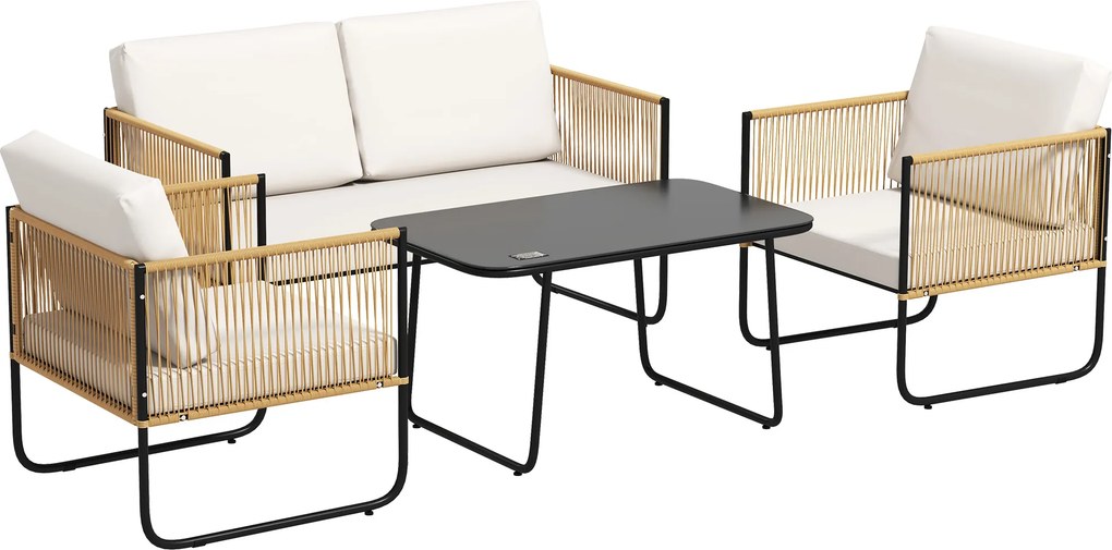 Outsunny Sala de Jardim 4 Peças com Sofá de 2 Lugares 2 Cadeirões 1 Mesa de Centro em Vidro e Almofadas Creme Branco | Aosom Portugal