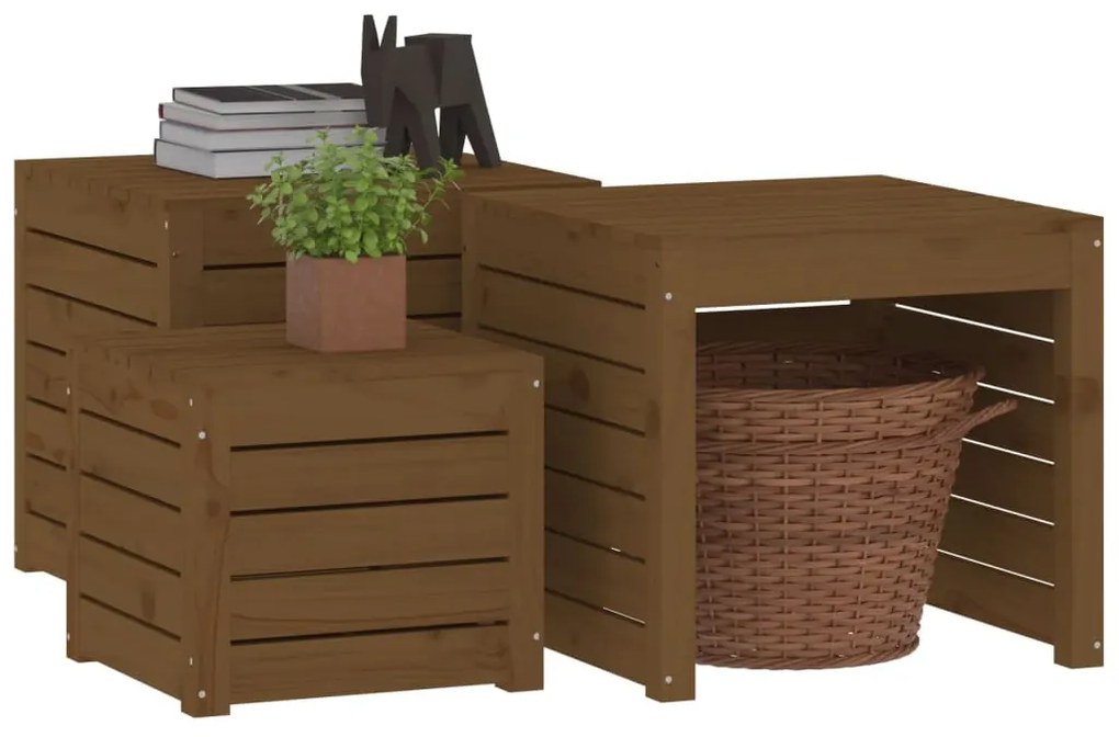 3 pcs conjunto de caixas de jardim pinho maciço castanho mel
