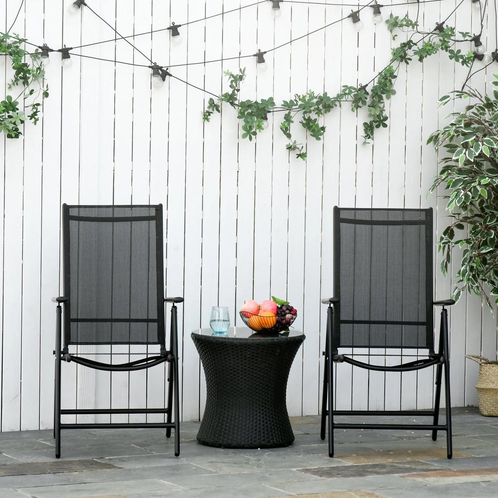 Outsunny Conjunto de 2 cadeiras dobráveis ​​de alumínio para jardim com encosto alto ajustável de 8 níveis e apoio de braços 65x55x107 cm Preto