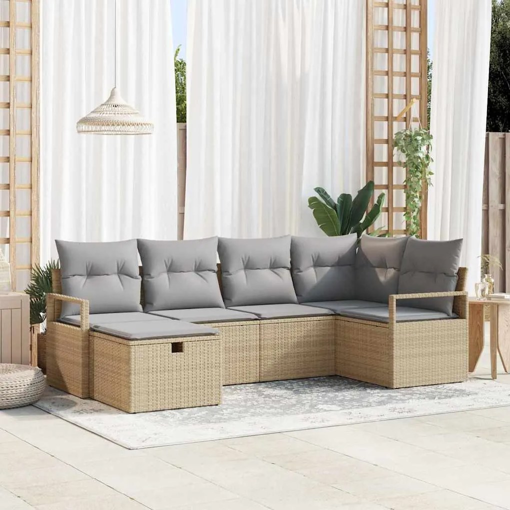 vidaXL Conjunto de Sofá de Jardim com 6 Peças com Almofadas Bejas em Rattan - Exclusivo.