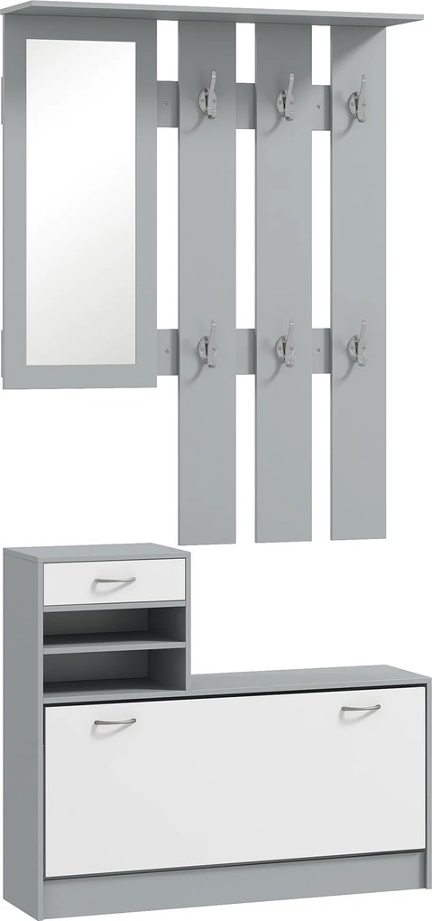 HOMCOM Móvel Cabide de Entrada de 3 Peças Armário de Entrada com Cabide Espelho Sapateira e Gaveta 90x10x102 cm Branco e Cinza | Aosom Portugal