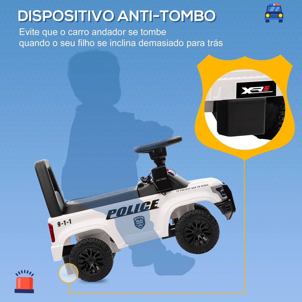 HOMCOM Carro Andador de Policia para Bebé de 18-60 Meses Carro sem Pedais com Buzina Megafone Compartimento de Armazenamento e Encosto Removível 62x29x43cm Branco