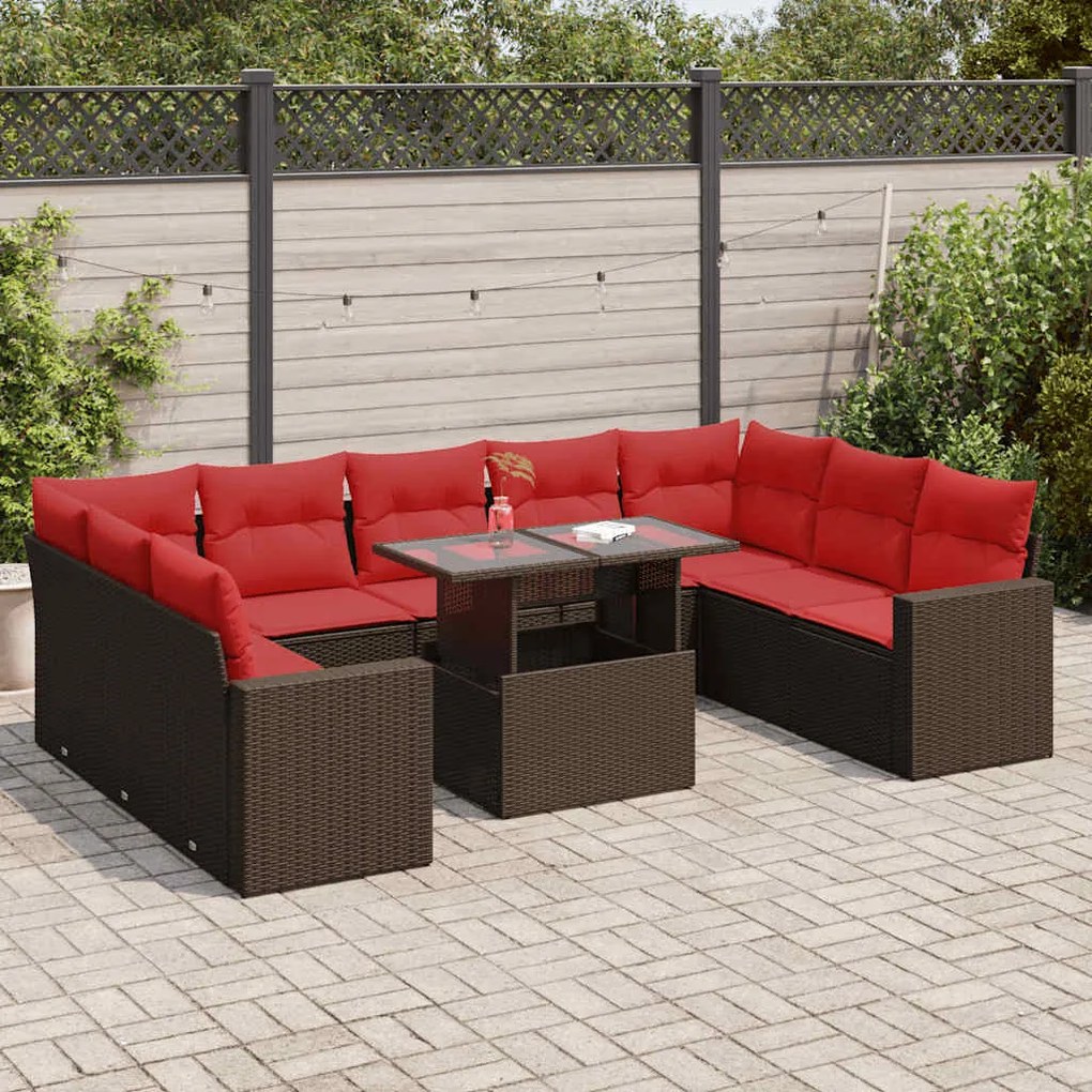 10 pcs conj. sofás jardim c/ almofadões vime PE/acácia castanho