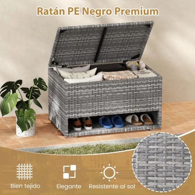 Caixa de armazenamento exterior de rattan com sapateira 95 x 60 x 58 cm com Forro protetor impermeável para Almofadas, terraço Varanda Cinza