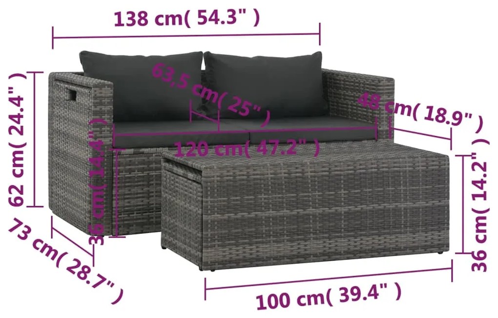 Conjunto lounge de jardim c/ almofadões 6 pcs vime PE cinzento