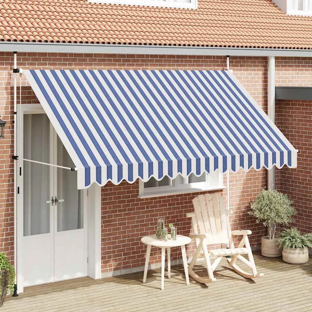 Toldo retrátil manual 350 cm riscas azuis e brancas