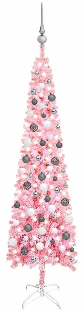 3078108 vidaXL Árvore de Natal fina com luzes LED e bolas 180 cm cor-de-rosa